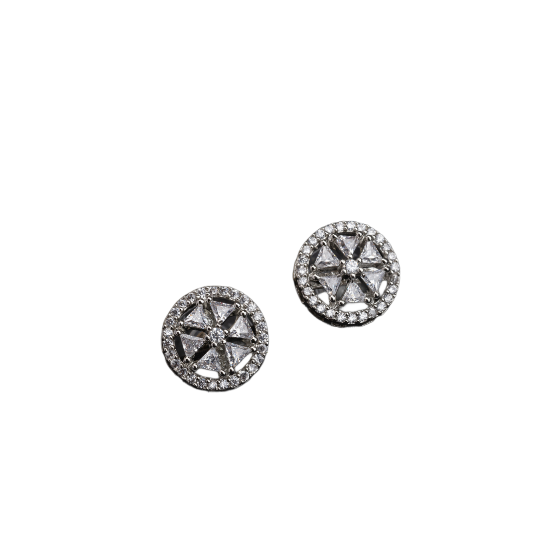 "Small triangular and round zircon earrings exude refined sophistication, perfect for office wear."
