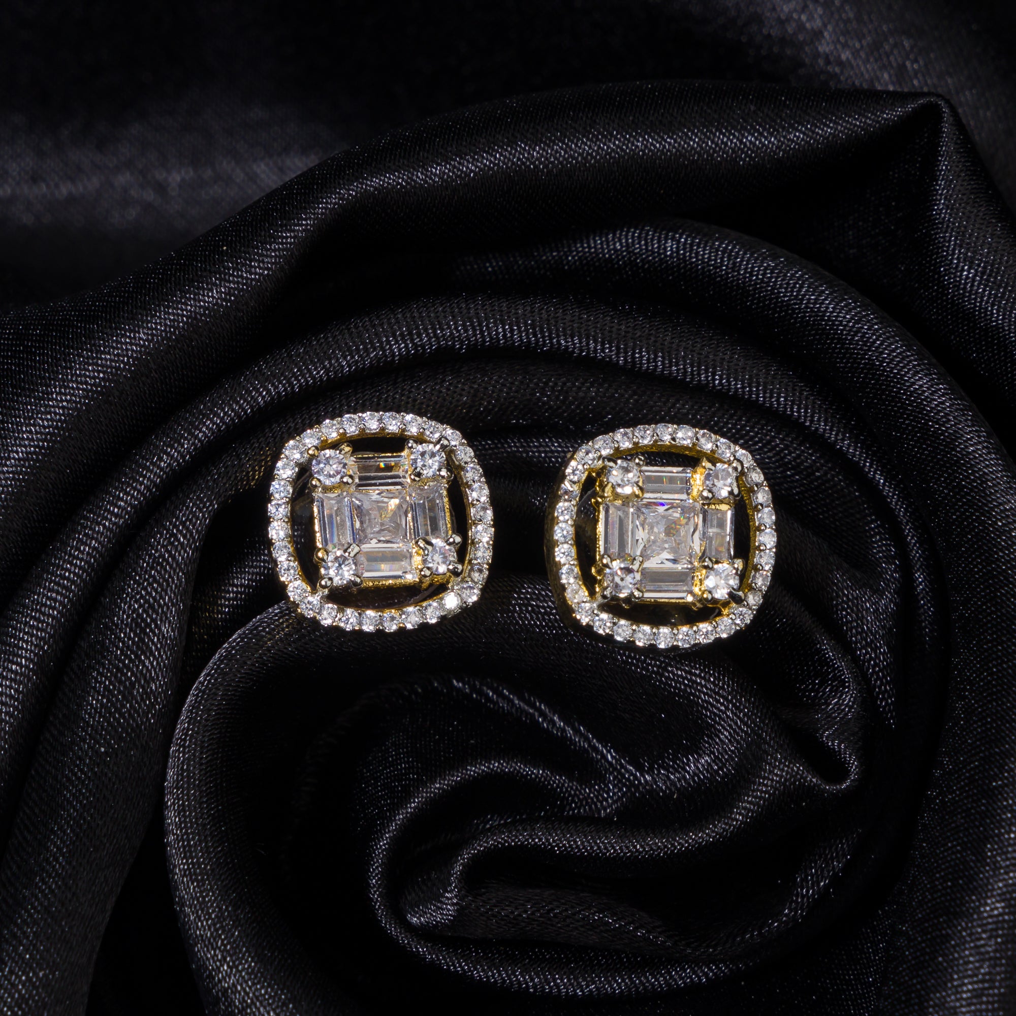 "Gold zircon square earrings for a modern, chic look with dazzling sparkle."
