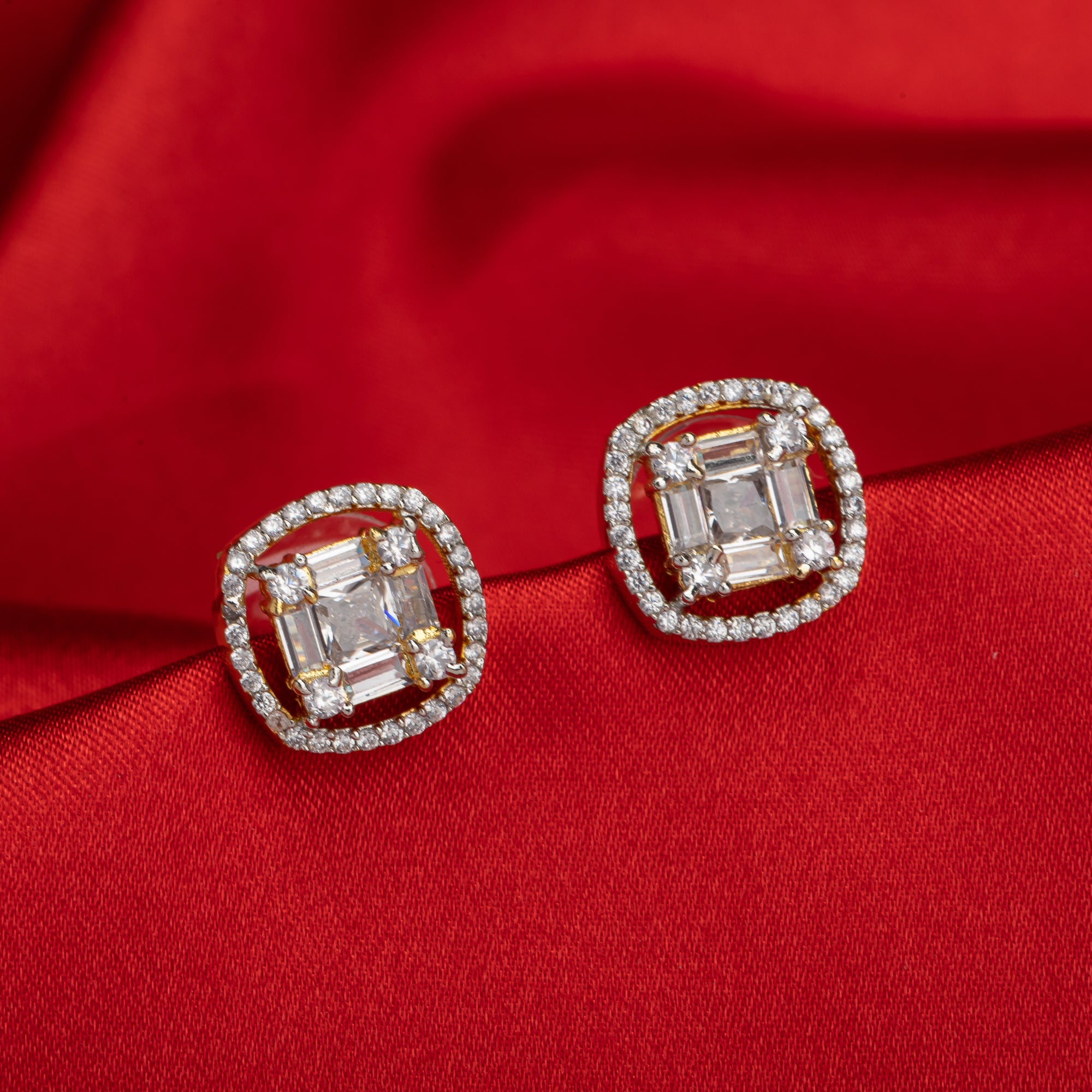 "Gold zircon square earrings for a modern, chic look with dazzling sparkle."
