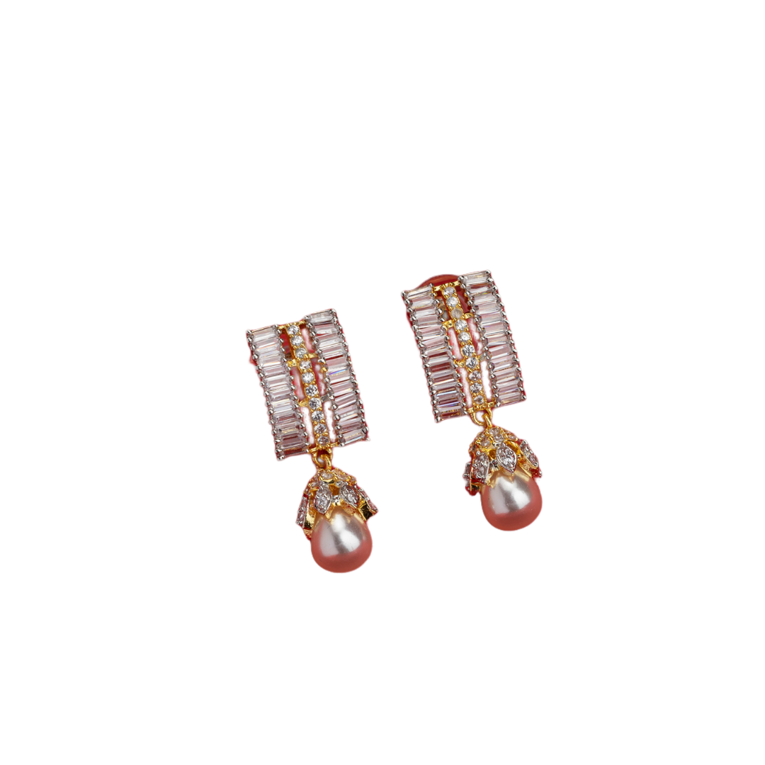 "Gold zircon square earrings with clean lines and vibrant, chic sparkle."
