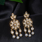 Small gold-tone dangler earrings with white pearls, adding delicate sophistication.
