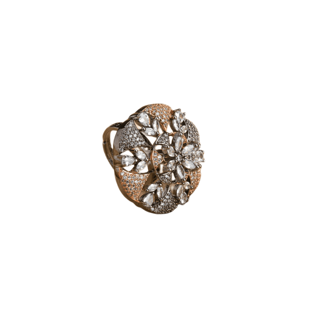 ZIRCON STONES STUDDED FLORAL DESIGN FINGER RING