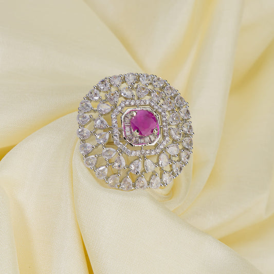 ZIRCON STONES STUDDED FINGER RING WITH PINK STONE