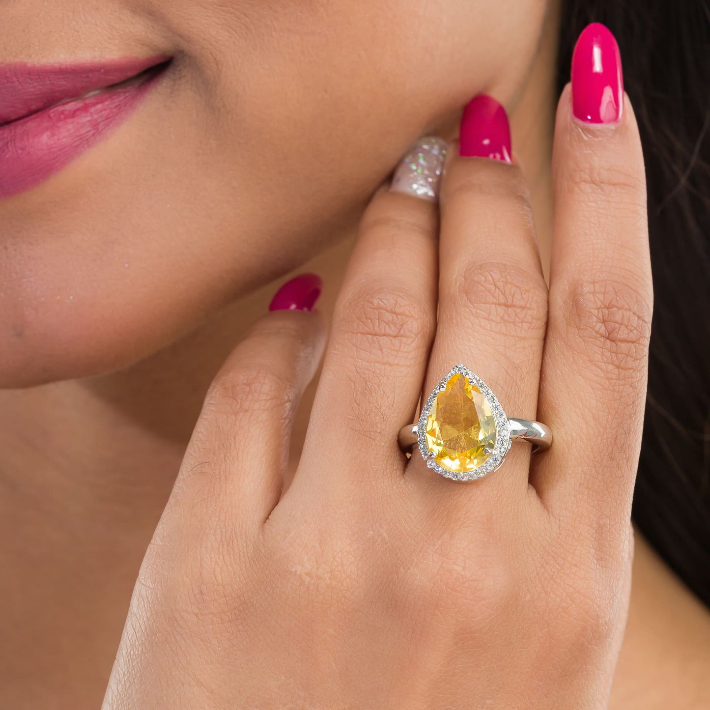 ZIRCON STONES STUDDED FINGER RING WITH YELLOW STONE