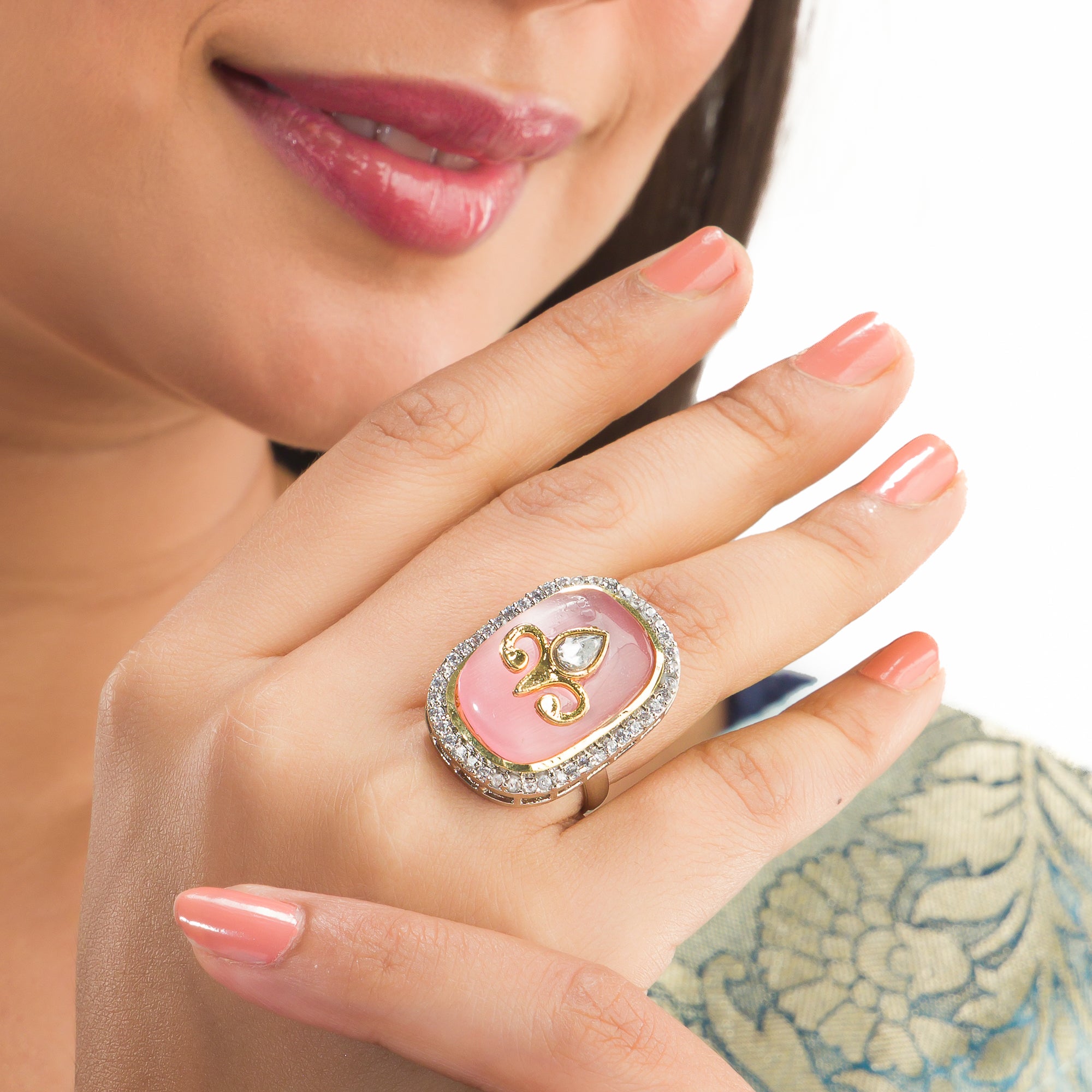 Pink zircon finger ring showcases a delicate design, adding sparkle and elegance to your look.
