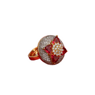 Gold finger ring with red and white zircon stones offers a vibrant floral design and refined elegance.
