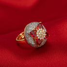 Gold finger ring with red and white zircon stones offers a vibrant floral design and refined elegance.
