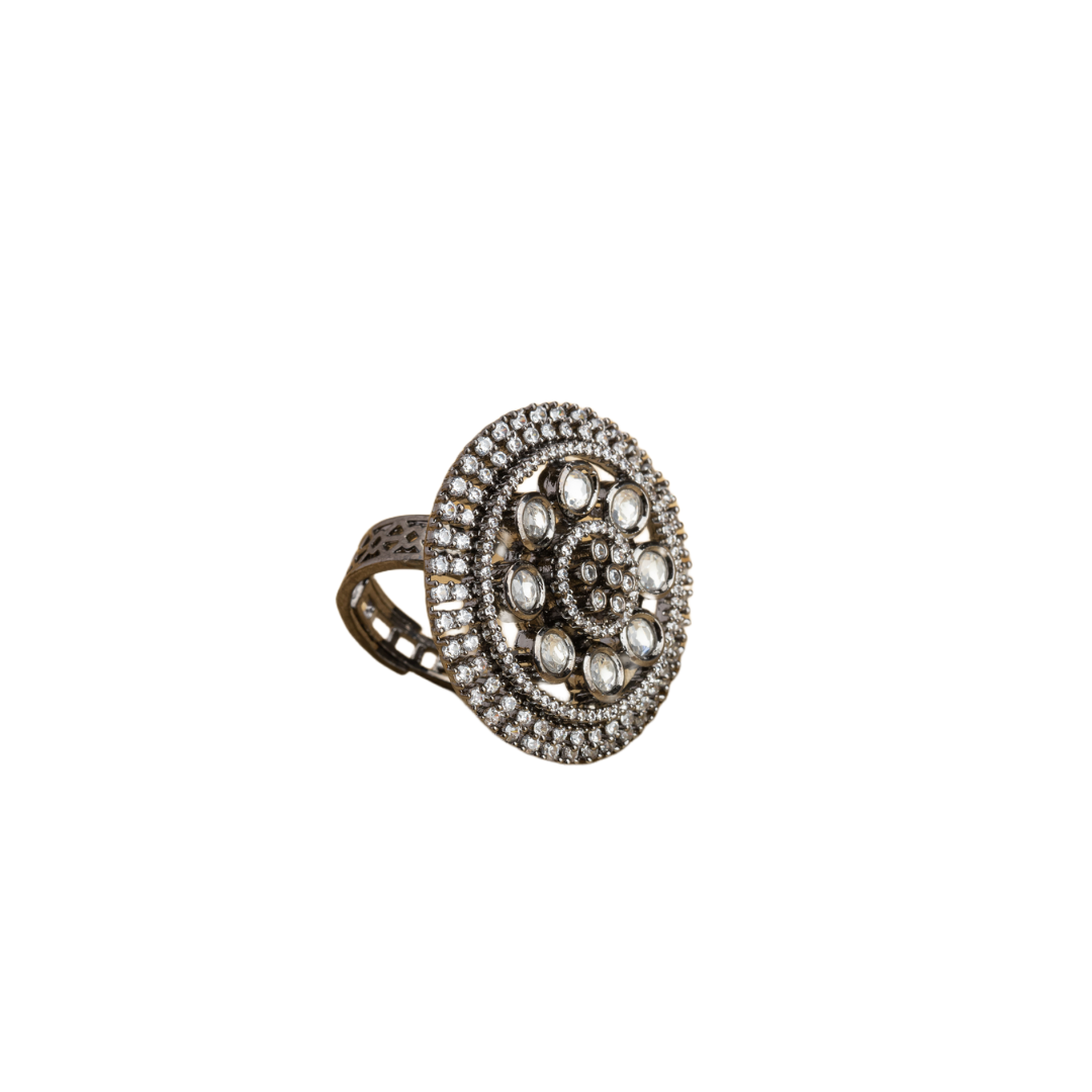 Black zircon finger ring in silver showcases a bold and sophisticated design for any occasion.
