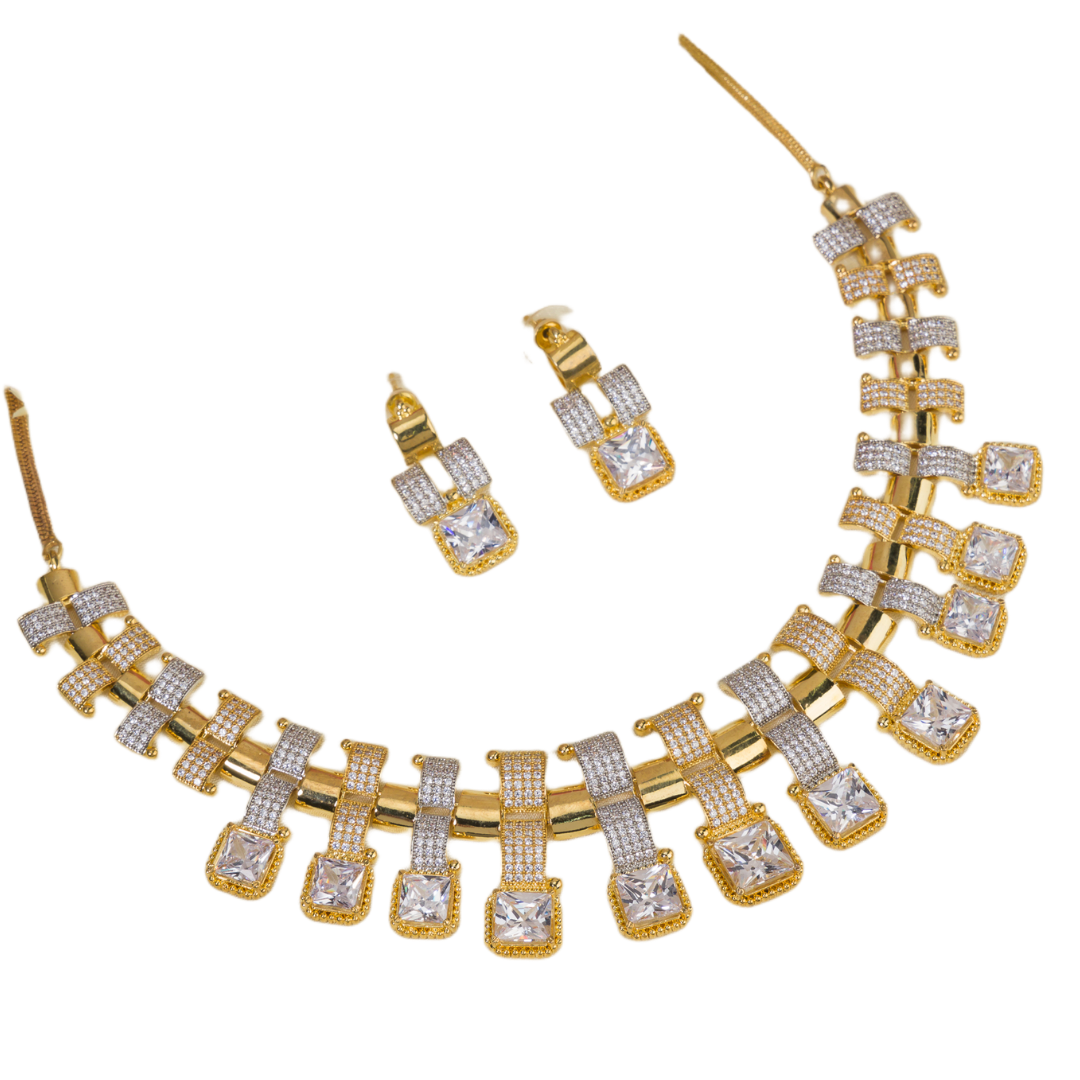 Golden polish zircon necklace set with matching earrings for a luxurious, elegant look.
