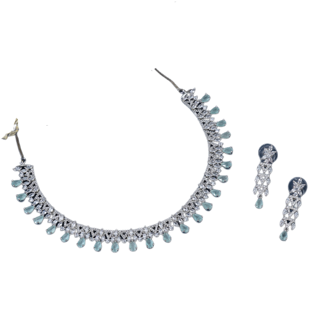 Aqua zircon-studded necklace set for elegance and charm, perfect for special occasions.
