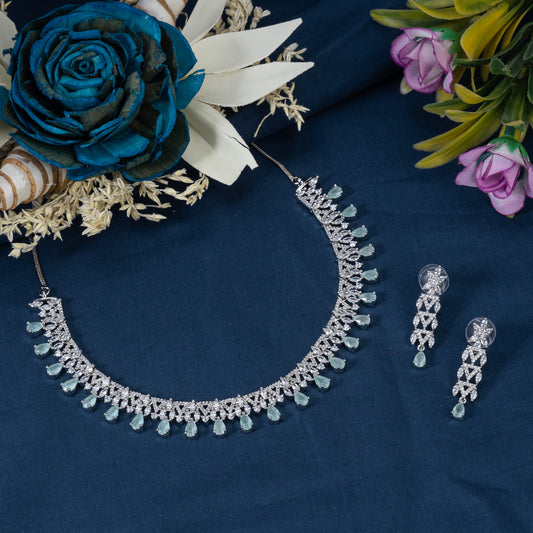 THIS EXQUISITE AQUA-COLORED STONE-STUDDED ZIRCON NECKLACE SET RADIATES ELEGANCE AND CHARM