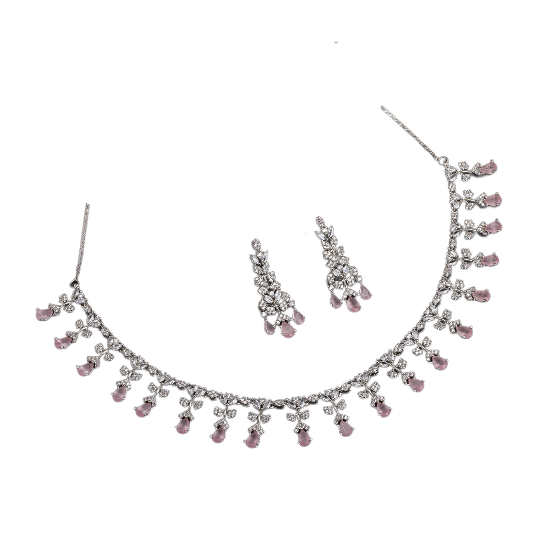 Pink and white zircon necklace set with matching earrings, offering a delicate and elegant design.
