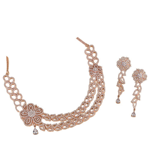 Rose gold zircon necklace set with flower designs and matching earrings for a charming appearance.
