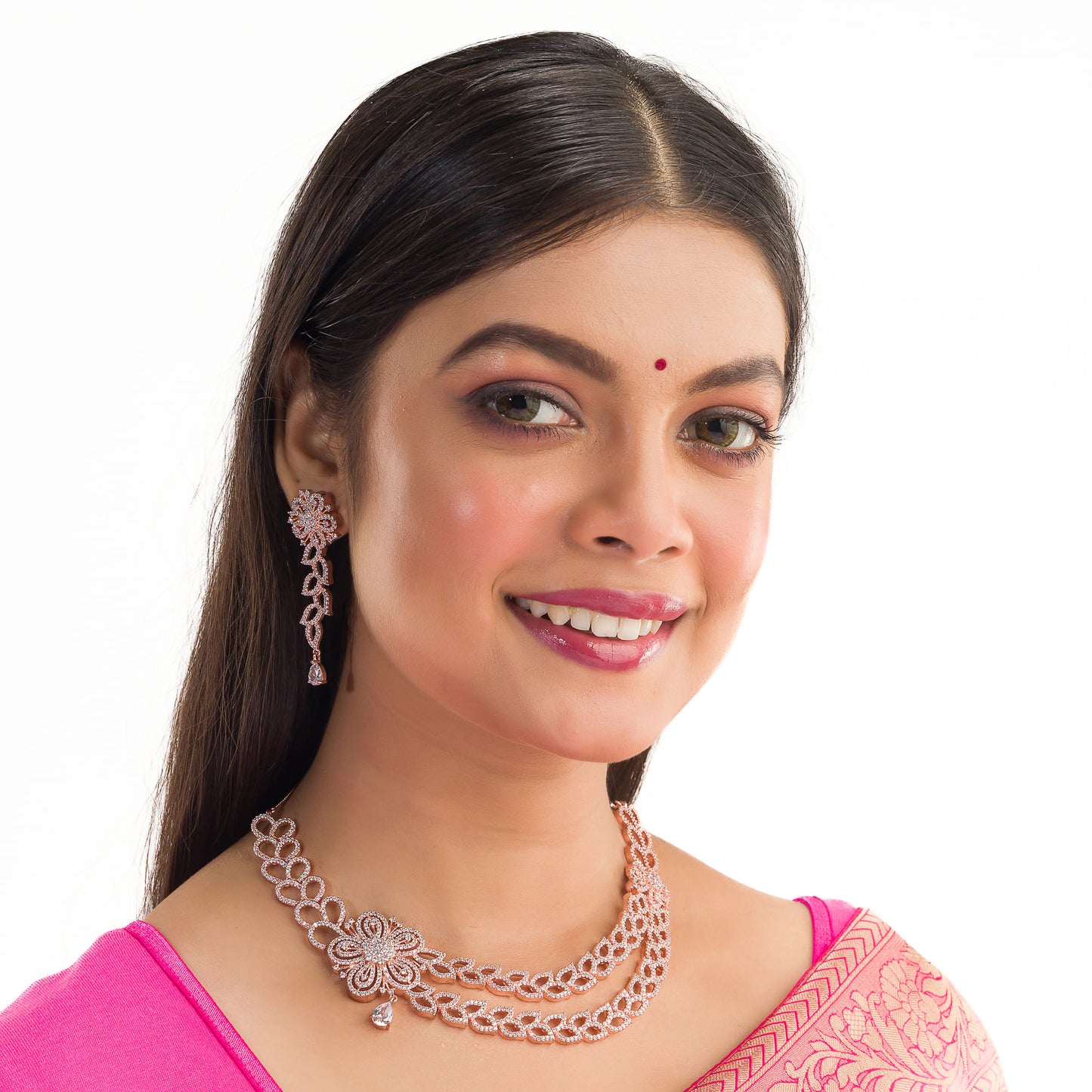 THIS ROSE GOLD POLISHED NECKLACE SET, FEATURING ZIRCON-STUDDED FLOWER DESIGNS, WITH BEAUTIFUL MATCHING EARRINGS,