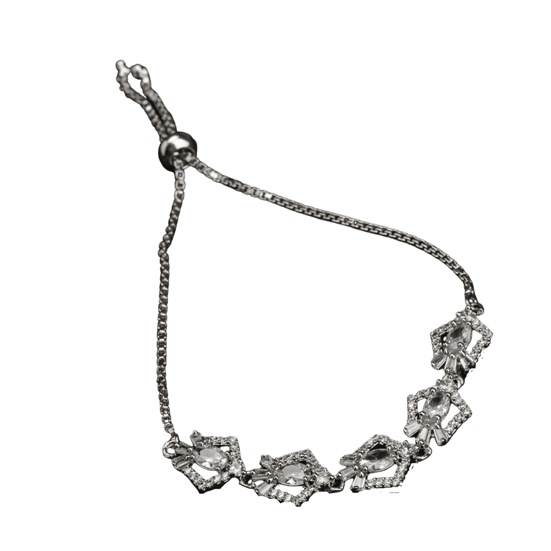 THIS SILVER POLISHED ADJUSTABLE  BRACELET, STUDDED WITH SHIMMERING ZIRCON STONES, IS PERFECT FOR PARTY WEAR.