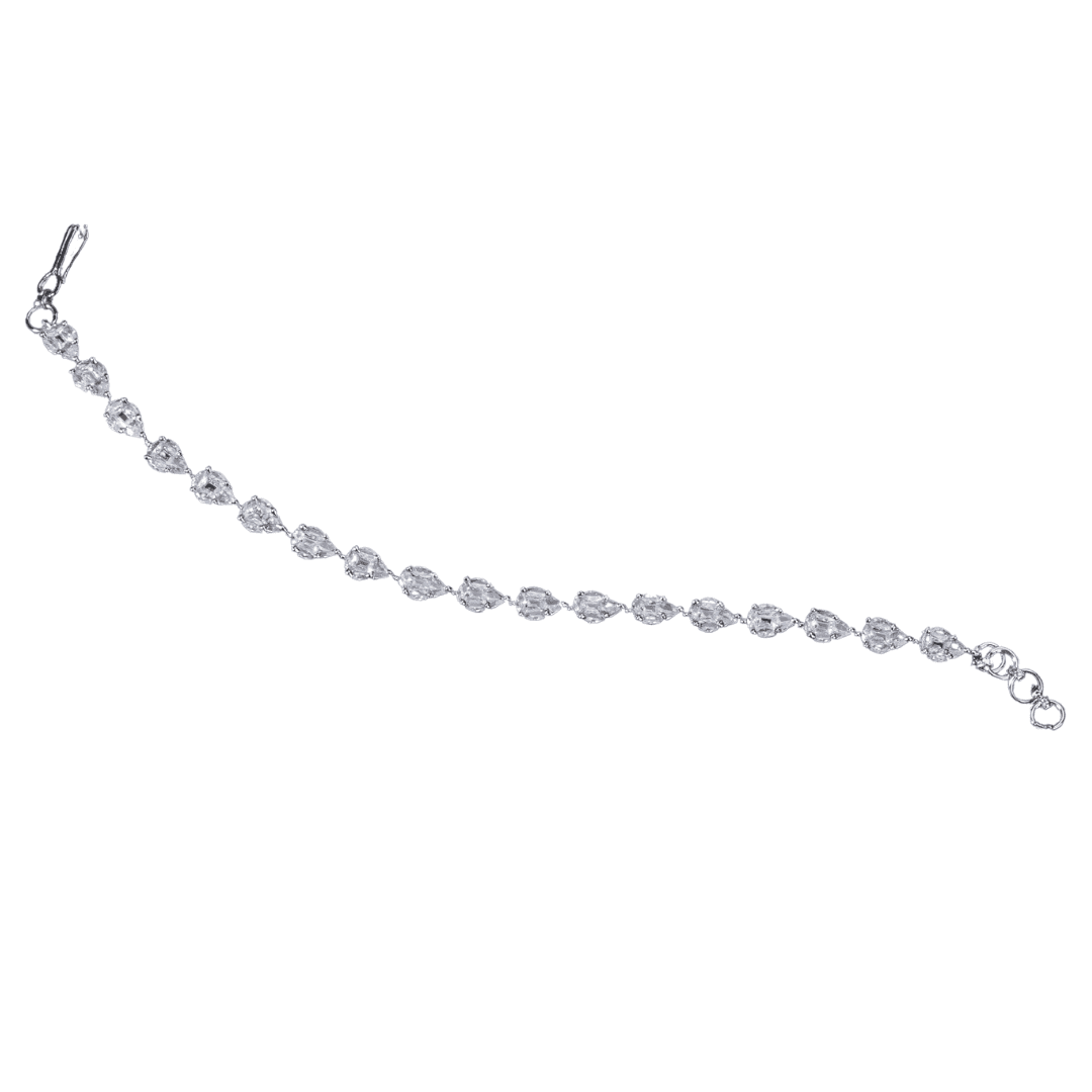 THIS SILVER-POLISHED CHAIN BRACELET, STUDDED WITH SHIMMERING ZIRCON STONES, IS PERFECT FOR PARTY WEAR.