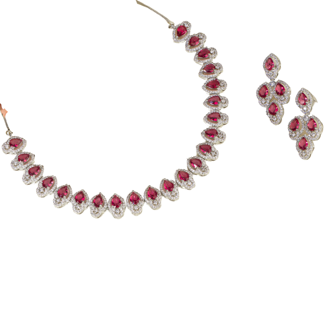  Red stone zircon necklace set, a bold and vibrant choice for striking party elegance.
