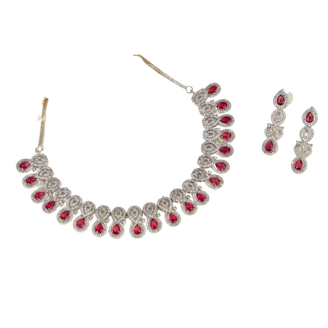 Bold red zircon necklace set, combining vibrant red stones with dazzling zircon sparkle for elegance.
