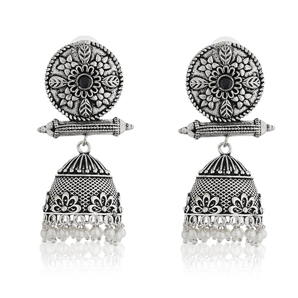 "Elegant oxidized jhumkas with intricate designs, blending traditional charm with a modern touch."
