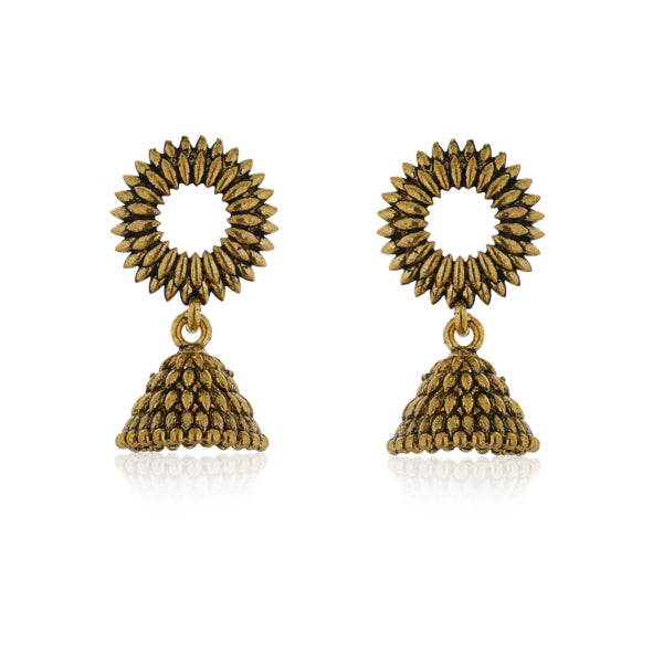 "Elegant oxidized jhumkas with golden detailing, merging traditional charm with a modern twist.
