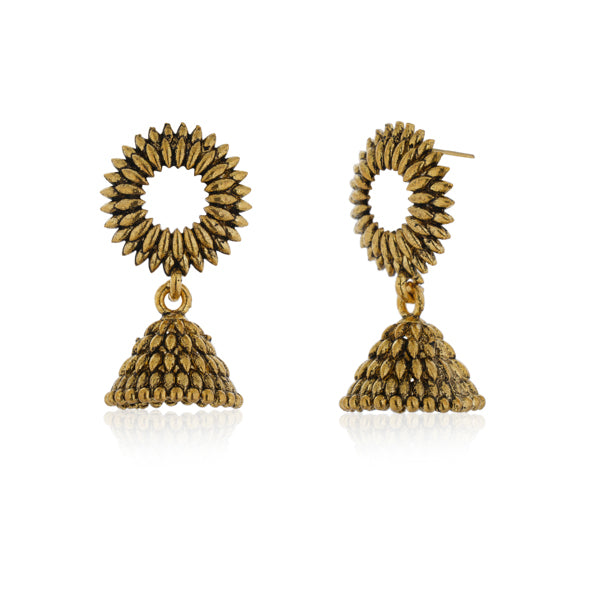 "Elegant oxidized jhumkas with golden detailing, merging traditional charm with a modern twist.
