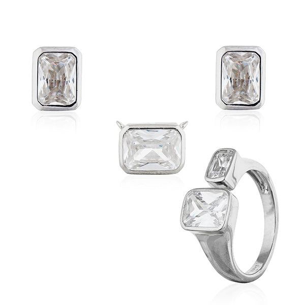 "925 silver pendant set with zircon stones, includes matching earrings and finger ring for a complete look."
