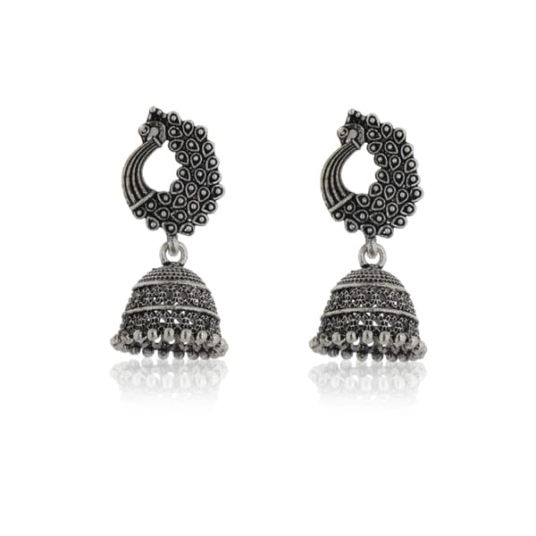 PEACOCK DESIGN CRFATED OXIDIZED JHUMKA EARRINGS, OFFERING A CLASSIC AND TRADITIONAL LOOK.