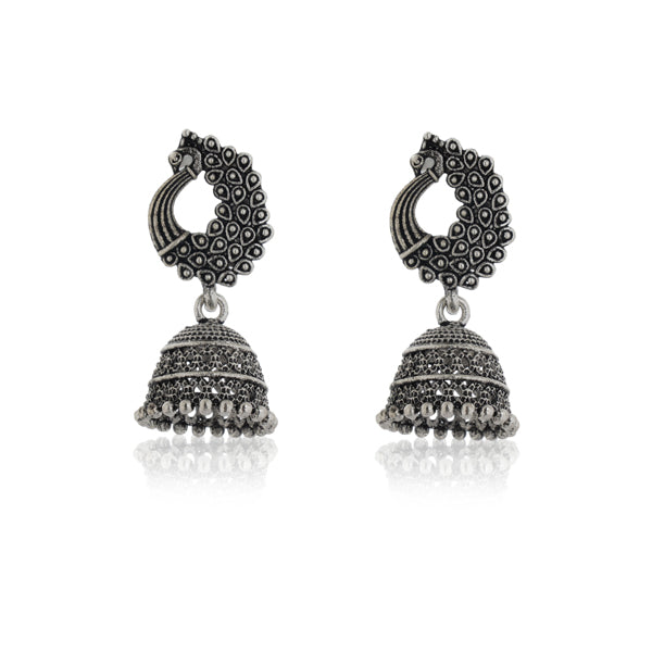 Classic oxidized jhumka earrings with intricate design, perfect for a traditional festive style."
