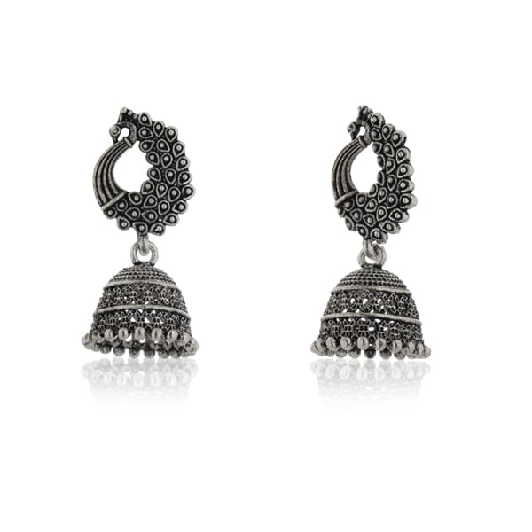 PEACOCK DESIGN CRFATED OXIDIZED JHUMKA EARRINGS, OFFERING A CLASSIC AND TRADITIONAL LOOK.