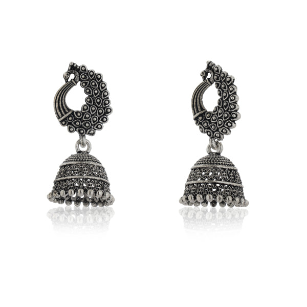 Classic oxidized jhumka earrings with intricate design, perfect for a traditional festive style."
