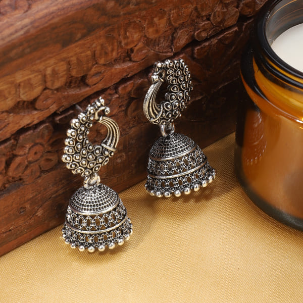 PEACOCK DESIGN CRFATED OXIDIZED JHUMKA EARRINGS, OFFERING A CLASSIC AND TRADITIONAL LOOK.