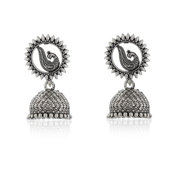 ELEGANT OXIDIZED JHUMKAS WITH INTRICATE DETAILING, OFFERING A TIMELESS BLEND OF TRADITIONAL AND CONTEMPORARY STYLE.