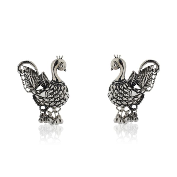 OXIDIZED EARRINGS WITH PEACOCK STUDDED DESIGN,  A TOUCH OF VINTAGE CHARM.