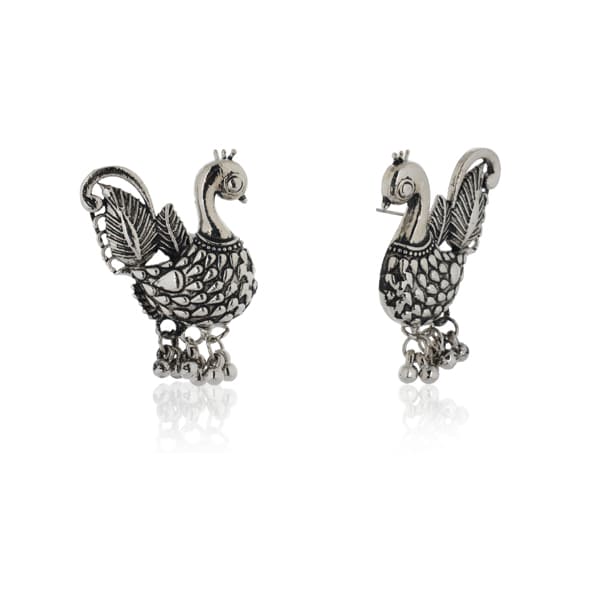 OXIDIZED EARRINGS WITH PEACOCK STUDDED DESIGN,  A TOUCH OF VINTAGE CHARM.