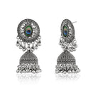 "Oxidized peacock feather jhumkas with intricate details, blending tradition and elegance."
