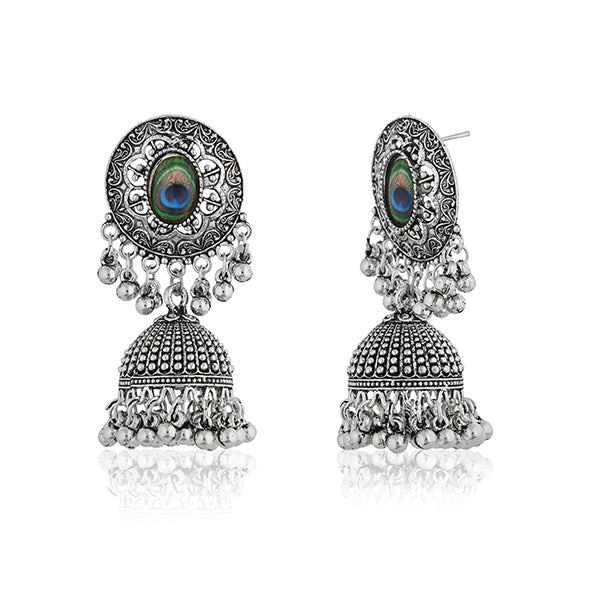 "Oxidized peacock feather jhumkas with intricate details, blending tradition and elegance."
