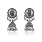 "Oxidized peacock feather jhumkas with intricate details, blending tradition and elegance."
