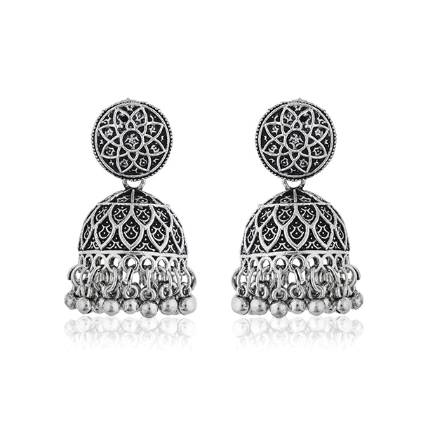 "Elegant oxidized jhumkas with vintage charm, perfect for casual traditional looks."
