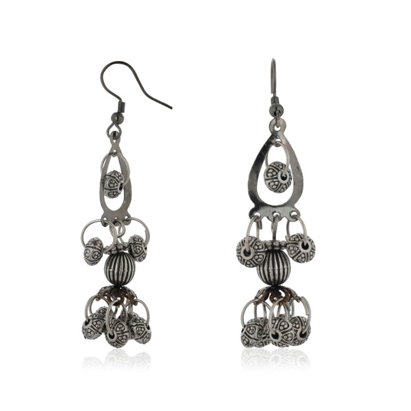 "Sleek black oxidized danglers with a modern design, perfect for a bold festive look."
