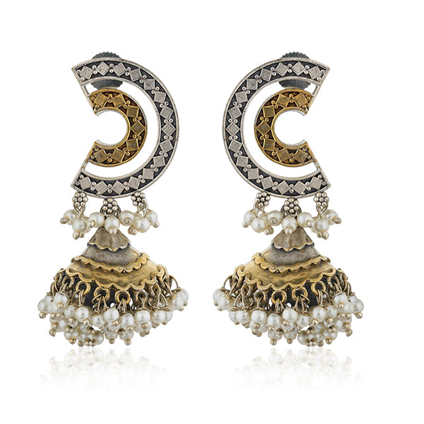 "Dual-color oxidized jhumka earrings with small pearls, blending elegance and festive charm."
