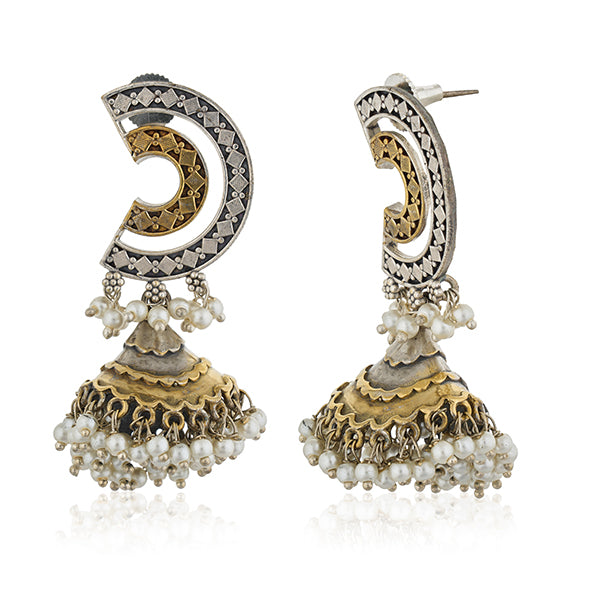 "Dual-color oxidized jhumka earrings with small pearls, blending elegance and festive charm."
