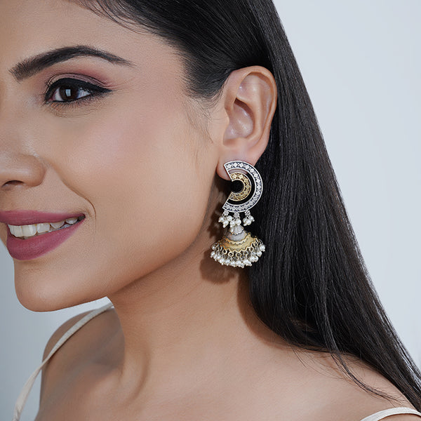 "Dual-color oxidized jhumka earrings with small pearls, blending elegance and festive charm."
