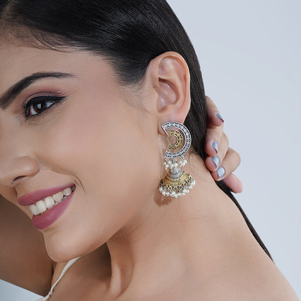 "Dual-color oxidized jhumka earrings with small pearls, blending elegance and festive charm."
