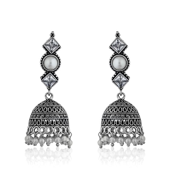 BEAUTIFUL OXIDIZED JHUMKA EARRINGS WITH INTRICATE DETAILING, SHOWCASING A TRADITIONAL DESIGN.