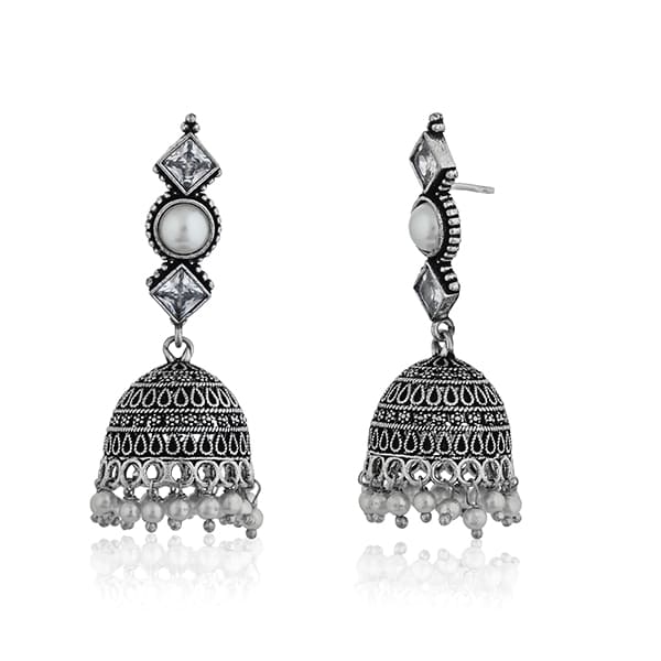 BEAUTIFUL OXIDIZED JHUMKA EARRINGS WITH INTRICATE DETAILING, SHOWCASING A TRADITIONAL DESIGN.