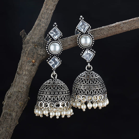 BEAUTIFUL OXIDIZED JHUMKA EARRINGS WITH INTRICATE DETAILING, SHOWCASING A TRADITIONAL DESIGN.