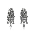 "Beautiful oxidized dangler earrings with intricate peacock design, perfect for festive wear."
