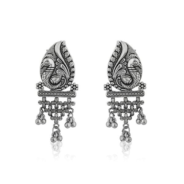 "Beautiful oxidized dangler earrings with intricate peacock design, perfect for festive wear."
