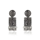 "Beautiful cylindrical-shaped oxidized jhumkas, showcasing a unique and elegant design."
