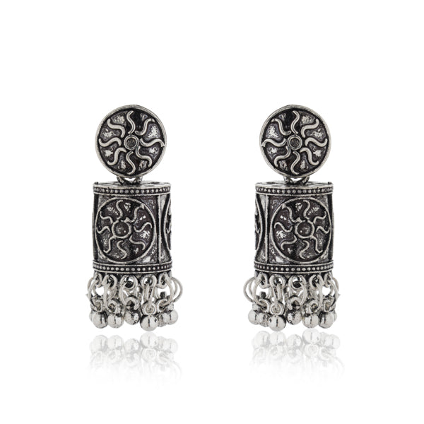 "Beautiful cylindrical-shaped oxidized jhumkas, showcasing a unique and elegant design."
